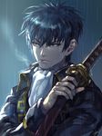  blue_hair cigarette gintama hijikata_toushirou katana kim_yura_(goddess_mechanic) male_focus rain shinsengumi_(gintama) smoke smoking solo sword upper_body weapon 