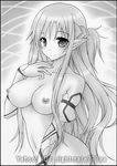  artist_name asuna_(sao) bare_shoulders black_border blush border braid breasts detached_sleeves graphite_(medium) greyscale large_breasts long_hair looking_at_viewer monochrome nightmare77zx nipples pointy_ears smile solo sword_art_online traditional_media 