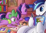  blue_eyes book comic_book cup dragon equine friendship_is_magic green_eyes hair horn horse mammal mricantdraw multicolored_hair my_little_pony open_mouth poster purple_eyes reading shining_armor_(mlp) spike_(mlp) straw tongue twilight_sparkle_(mlp) unicorn 