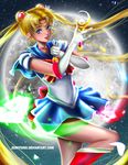  bishoujo_senshi_sailor_moon blonde_hair blue_eyes blue_sailor_collar blue_skirt boots choker circlet crescent crescent_earrings double_bun earrings elbow_gloves gloves holding holding_wand jenny_mun jewelry long_hair maboroshi_no_ginzuishou miniskirt moon moon_stick open_mouth pleated_skirt pointing red_choker red_footwear sailor_collar sailor_moon sailor_senshi_uniform skirt smile solo space star star_earrings tsuki_ni_kawatte_oshioki_yo tsukino_usagi twintails very_long_hair wand watermark web_address white_gloves 