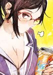  absurdres breasts brown_eyes brown_hair cleavage drink gen'ei_ibunroku_sharp_fe glasses highres large_breasts lips looking_at_viewer shimazaki_maiko sigh solo toi8 yellow_background 