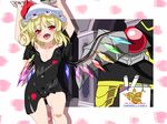  1girl :d ainz_ooal_gown arms_up ass_visible_through_thighs bag black_shirt blonde_hair blush book bottomless clothes_writing collarbone commentary_request cosplay fangs flandre_scarlet hat hecatia_lapislazuli hecatia_lapislazuli_(cosplay) highres looking_at_viewer loose_clothes loose_shirt multicolored multicolored_wings nonbiri_jirou open_mouth overlord_(maruyama) paper_bag parody red_eyes shirt short_hair side_ponytail smile title_parody touhou wings 