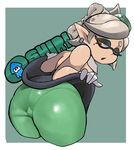  ass bare_shoulders bent_over commentary_request earrings eyebrows green_legwear hotaru_(splatoon) jewelry looking_back oasis_(magnitude711) one_eye_closed pantyhose pantylines pointy_ears short_hair skirt skirt_lift solo splatoon_(series) splatoon_1 trefoil white_hair 