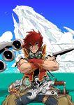  ammunition blue_eyes blue_sky character_request cloud copyright_request crossed_arms day explosive gloves goggles grenade high_collar iceberg muscle naitou_yasuhiro red_hair sky torn_clothes torn_sleeves vest water wrench 