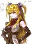  1girl alisa_reinford asymmetrical_clothes blonde_hair breasts brown_gloves eiyuu_densetsu elbow_gloves fingerless_gloves gloves hair_ornament hands_on_hips kim_yura_(goddess_mechanic) large_breasts long_hair red_eyes sen_no_kiseki sen_no_kiseki_2 signature solo speech_bubble spoken_ellipsis twintails upper_body 