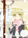  1girl admiral_(kantai_collection) black_serafuku blonde_hair blush commentary_request english finger_writing from_outside highres kantai_collection long_hair military military_uniform naval_uniform satsuki_(kantai_collection) scarf school_uniform serafuku snow snowing twintails uniform window window_fog writing yellow_eyes yuu_(alsiel) 