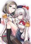  artist_name beret black_legwear black_neckwear blue_skirt blush bow breasts brown_hair buttons collar epaulettes finger_to_mouth frilled_sleeves frills glasses gloves green_eyes hat hat_bow head_on_chest highres holding kantai_collection kashima_(kantai_collection) katori_(kantai_collection) kneehighs large_breasts long_sleeves looking_at_viewer military military_uniform miniskirt multiple_girls necktie outstretched_leg pantyhose parted_lips pleated_skirt red_ribbon ribbon semi-rimless_eyewear short_hair sidelocks silver_hair simple_background sitting skirt smile t_karamatsu two_side_up under-rim_eyewear uniform white-framed_eyewear white_background white_gloves 