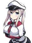  blonde_hair blue_eyes blush breasts capelet celtic_knot commentary_request cross crossed_arms don_(29219) gloves graf_zeppelin_(kantai_collection) hair_between_eyes hat impossible_clothes jacket kantai_collection large_breasts long_hair looking_at_viewer miniskirt necktie peaked_cap sidelocks simple_background skirt solo tsurime twintails uniform white_background white_capelet 