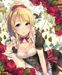  apron ayase_eli black_dress blonde_hair blue_eyes breasts cleavage dress earrings floral_background flower gradient_eyes highres jewelry lips looking_at_viewer love_live! love_live!_school_idol_project maid medium_breasts miu91_(miu91_) mogyutto_&quot;love&quot;_de_sekkin_chuu! multicolored multicolored_eyes neck_ribbon open_mouth ponytail puffy_short_sleeves puffy_sleeves red_flower red_rose ribbon rose scrunchie short_dress short_sleeves solo waist_apron yellow_eyes 