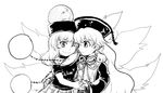  arm_over_shoulder bare_shoulders chain chinese_clothes clothes_writing collar dress greyscale hat hecatia_lapislazuli junko_(touhou) long_hair long_sleeves monochrome multiple_girls one_eye_closed polos_crown shirt skirt smile t-shirt tabard tako_(plastic_protein) touhou very_long_hair wide_sleeves 