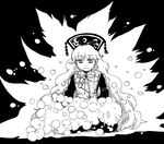  bubble chinese_clothes commentary_request dress greyscale hat junko_(touhou) long_hair long_sleeves monochrome ribbon sash solo tabard tako_(plastic_protein) touhou very_long_hair washing wide_sleeves 