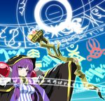  ainz_ooal_gown ainz_ooal_gown_(cosplay) bangs blunt_bangs bow cape commentary_request cosplay hair_bow highres long_hair looking_at_viewer magic_circle nonbiri_jirou overlord_(maruyama) parody patchouli_knowledge purple_eyes purple_hair runes senki_zesshou_symphogear sidelocks solo staff style_parody touhou upper_body vector_trace 