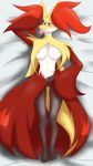  aoinu607 breasts condom condom_in_mouth delphox female looking_at_viewer nintendo nipples orange_eyes pok&eacute;mon pussy raised_arm smile solo video_games 