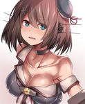  blue_eyes breasts brown_hair choker collarbone hair_ornament hat headgear kantai_collection large_breasts maya_(kantai_collection) remodel_(kantai_collection) school_uniform serafuku short_hair solo tai_(nazutai) 