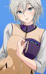  71 anastasia_(idolmaster) blue_background blue_eyes blush earrings idolmaster idolmaster_cinderella_girls jewelry looking_at_viewer open_mouth product_placement short_hair silver_hair simple_background smile solo 