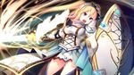  aigis_von_orphovius armor black_legwear blonde_hair blue_eyes game_cg hair_ornament holding holding_weapon long_hair magic open_mouth panties rozea_(graphmelt) shield solo sword tou_no_shita_no_exercitus underwear weapon white_panties 