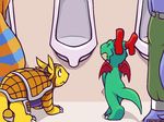  aliasing anthro armadillomon barefoot bathroom digimon dracomon eyes_closed greymon horn lalzimsooodrunkrightnow no_visible_genitalia omorashi peeing public_restroom quadruped scalie signature size_difference standing urinal urine wings 