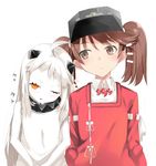  brown_eyes brown_hair furisuku hat kantai_collection long_hair magatama multiple_girls northern_ocean_hime one_eye_closed open_mouth orange_eyes ryuujou_(kantai_collection) side-by-side twintails visor_cap white_hair 