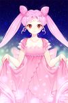  bishoujo_senshi_sailor_moon blue_background bodice bow chibi_usa cowboy_shot crescent double_bun dress dress_lift facial_mark forehead_mark hair_ornament hairpin huge_bow jewelry long_hair necklace older pink_bow pink_dress pink_hair red_eyes shainea small_lady_serenity smile solo twintails 