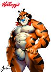  abs ascot blue_nose brown_eyes bulge clothing fangs feline frosted_flakes jockstrap jordanarts kellogg&#039;s male mammal muscular navel nipples solo tagme tiger tony_the_tiger underwear undressing 