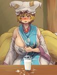  adapted_costume bangs blonde_hair breast_milk breasts brown_eyes chanta_(ayatakaoisii) cleavage cup detached_sleeves dress drinking_glass fox_tail hat huge_breasts indoors lactation lactation_through_clothes looking_at_viewer milk multiple_tails open_mouth pillow_hat room seiza short_hair sitting socks solo stained_clothes strapless strapless_dress sweatdrop tabard table tail thick_thighs thighs touhou white_dress white_legwear wide_sleeves yakumo_ran 