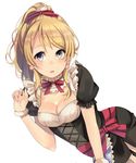  apron ayase_eli black_dress blonde_hair blue_eyes breasts cleavage dress earrings gradient_eyes highres jewelry lips looking_at_viewer love_live! love_live!_school_idol_project maid medium_breasts miu91_(miu91_) mogyutto_&quot;love&quot;_de_sekkin_chuu! multicolored multicolored_eyes neck_ribbon open_mouth ponytail puffy_short_sleeves puffy_sleeves ribbon scrunchie short_dress short_sleeves simple_background solo waist_apron white_background yellow_eyes 