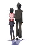  1girl araragi_koyomi back black_hair black_legwear couple hammer_(sunset_beach) hetero highres juliet_sleeves long_sleeves monogatari_(series) oshino_ougi pants pantyhose puffy_sleeves school_uniform shirt short_hair skirt sleeves_past_wrists 