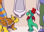  aliasing anthro armadillomon barefoot bathroom digimon dracomon eye_contact greymon horn lalzimsooodrunkrightnow no_visible_genitalia omorashi peeing public_restroom quadruped scalie signature size_difference standing urinal urine wings 