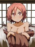  animal_ears bird_wings blush breasts brown_dress cleavage collarbone covering covering_breasts crossed_arms daitoutei dress large_breasts looking_at_viewer mystia_lorelei off_shoulder okamisty red_eyes red_hair short_hair solo touhou upper_body wings 