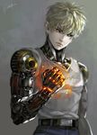  black_sclera blonde_hair blurry clenched_hand cyborg earrings energy genos jewelry kim_yura_(goddess_mechanic) male_focus md5_mismatch one-punch_man signature solo tank_top upper_body yellow_eyes 