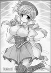  beret blush breasts corset covered_nipples drill_hair graphite_(medium) greyscale hat high_heels large_breasts looking_at_viewer magical_girl mahou_shoujo_madoka_magica monochrome nightmare77zx skirt smile solo standing standing_on_one_leg striped striped_legwear thighhighs tomoe_mami traditional_media twin_drills vertical-striped_legwear vertical_stripes 