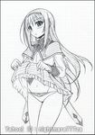  akemi_homura artist_name black_border blush border crotch graphite_(medium) greyscale grid hairband long_hair looking_at_viewer magical_girl mahou_shoujo_madoka_magica monochrome navel nightmare77zx panties skirt skirt_lift solo traditional_media underwear 