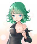  ahoge1 bad_id bad_pixiv_id black_dress blue_eyes blush breasts curly_hair dress flashing green_hair heart heart-shaped_pupils highres looking_at_viewer nipples one-punch_man one_breast_out short_hair small_breasts solo symbol-shaped_pupils tatsumaki top_pull translation_request 