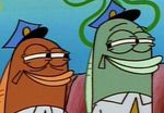  anthro clothed clothing duo eye_contact fish hat marine police reaction_image smile spongebob_squarepants squint uniform unknown_artist 
