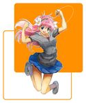  bad_id bad_pixiv_id blue_eyes casual digital_media_player earbuds earphones flower galaxy_angel hood hoodie ipod jumping long_hair milfeulle_sakuraba nyama pink_hair solo 