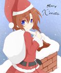  belt blue_eyes brown_hair chimney christmas hat higurashi_no_naku_koro_ni nemu_(nebusokugimi) ryuuguu_rena sack santa_costume santa_hat skirt snow solo 