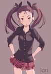  bad_id bad_pixiv_id breasts brown_eyes brown_hair casual hands_on_hips idolmaster idolmaster_(classic) jewelry minase_iori necklace plaid skirt small_breasts solo twintails yuuhi_(ages) 