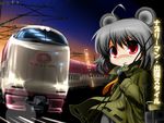  ahoge animal_ears grey_hair ground_vehicle inyucchi mouse_ears nazrin night red_eyes solo touhou train translation_request 