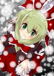  bad_id bad_pixiv_id blush bow cross dress frills from_above front_ponytail green_eyes green_hair hair_ribbon highres kagiyama_hina looking_up momosaki_yuuno open_mouth ribbon snowflakes solo teeth touhou winter 