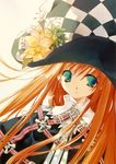  blue_eyes checkered empty_eyes flower hat highres long_hair original red_hair solo sumi_keiichi witch_hat 