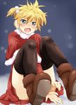  blonde_hair blue_eyes blush boots capelet christmas crossdressing fang headset kagamine_len male_focus maruki_(punchiki) nail_polish open_mouth otoko_no_ko side_ponytail solo tears thighhighs vocaloid 