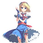  &gt;:) adjusting_clothes adjusting_gloves alice_margatroid blonde_hair bloom blue_eyes capelet dress eto fingerless_gloves gloves hairband leg_garter looking_at_viewer puppet_rings ribbon short_hair smile solo standing touhou v-shaped_eyebrows wind 