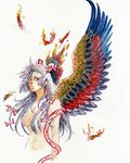  bow efuo feathers fire fujiwara_no_mokou grey_hair hair_bow hair_censor hair_over_breasts hair_ribbon long_hair navel nude red_eyes ribbon simple_background solo touhou traditional_media watercolor_(medium) wind wings 