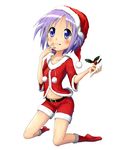  blue_eyes cake cream food fruit hat hiiragi_tsukasa kneeling lucky_star navel orange-pengin purple_hair santa_costume santa_hat short_hair solo strawberry tongue 