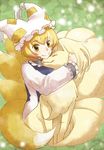  animal_connection bad_id bad_pixiv_id blonde_hair crossover fox_tail hat hug kawasemi_(pocorit) multiple_tails ninetales pokemon pokemon_(creature) short_hair smile tail touhou yakumo_ran yellow_eyes 