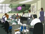  4girls computer desk formal gundam hogehoge.com md5_mismatch mecha mobile_suit_gundam monitor mouse_(computer) multiple_boys multiple_girls office phone suit window zaku zaku_ii zaku_ii_f/j 