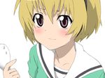  bad_id bad_pixiv_id blonde_hair blush face hairband hentai_(1985) higurashi_no_naku_koro_ni houjou_satoko purple_eyes short_hair solo 