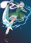  bad_id bad_pixiv_id black_hairband dual_wielding foreshortening hairband holding katana konpaku_youmu konpaku_youmu_(ghost) lightning purple_eyes short_hair silver_hair solo sword tadokoro_teppei touhou weapon 