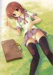  akamaru bag black_legwear blush brown_eyes brown_hair dengeki_hime glasses highres long_hair lying miniskirt on_back on_grass original panties pantyshot pantyshot_(lying) pleated_skirt ribbon school_bag school_uniform serafuku skirt solo thighhighs underwear upskirt white_panties 