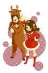  1girl animal_costume animal_ears bad_id bad_pixiv_id brown_hair christmas hair_ribbon kyon moffunnyo reindeer ribbon sack santa_costume scarf short_hair suzumiya_haruhi suzumiya_haruhi_no_yuuutsu 